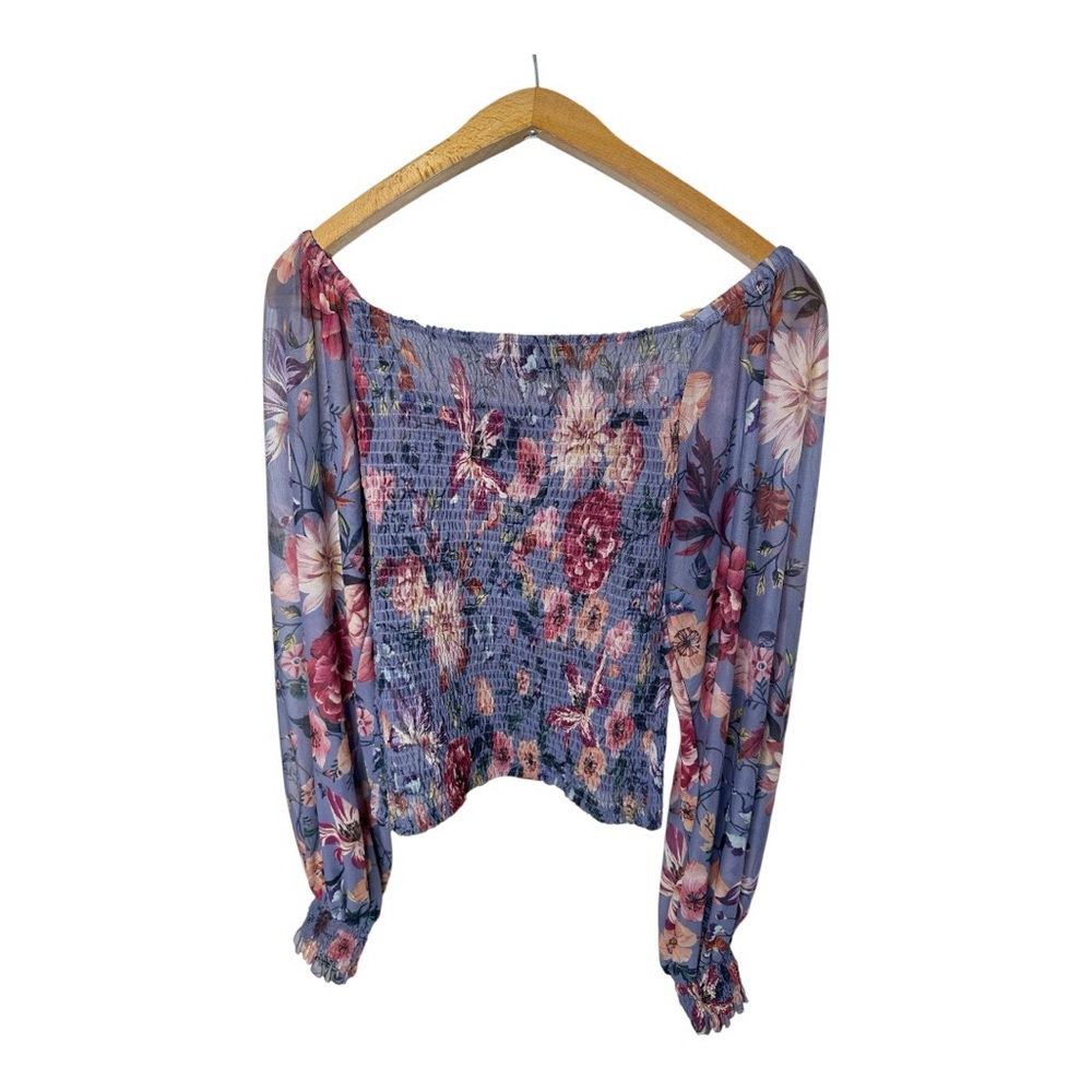 Anthropologie Rouen Smocked Mesh Top Size Medium Purple Floral Cropped - Picture 6 of 13